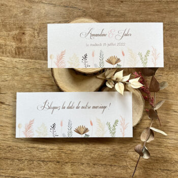 Save The Date de mariage de la collection Lipari au design moderne de fleurs séchées